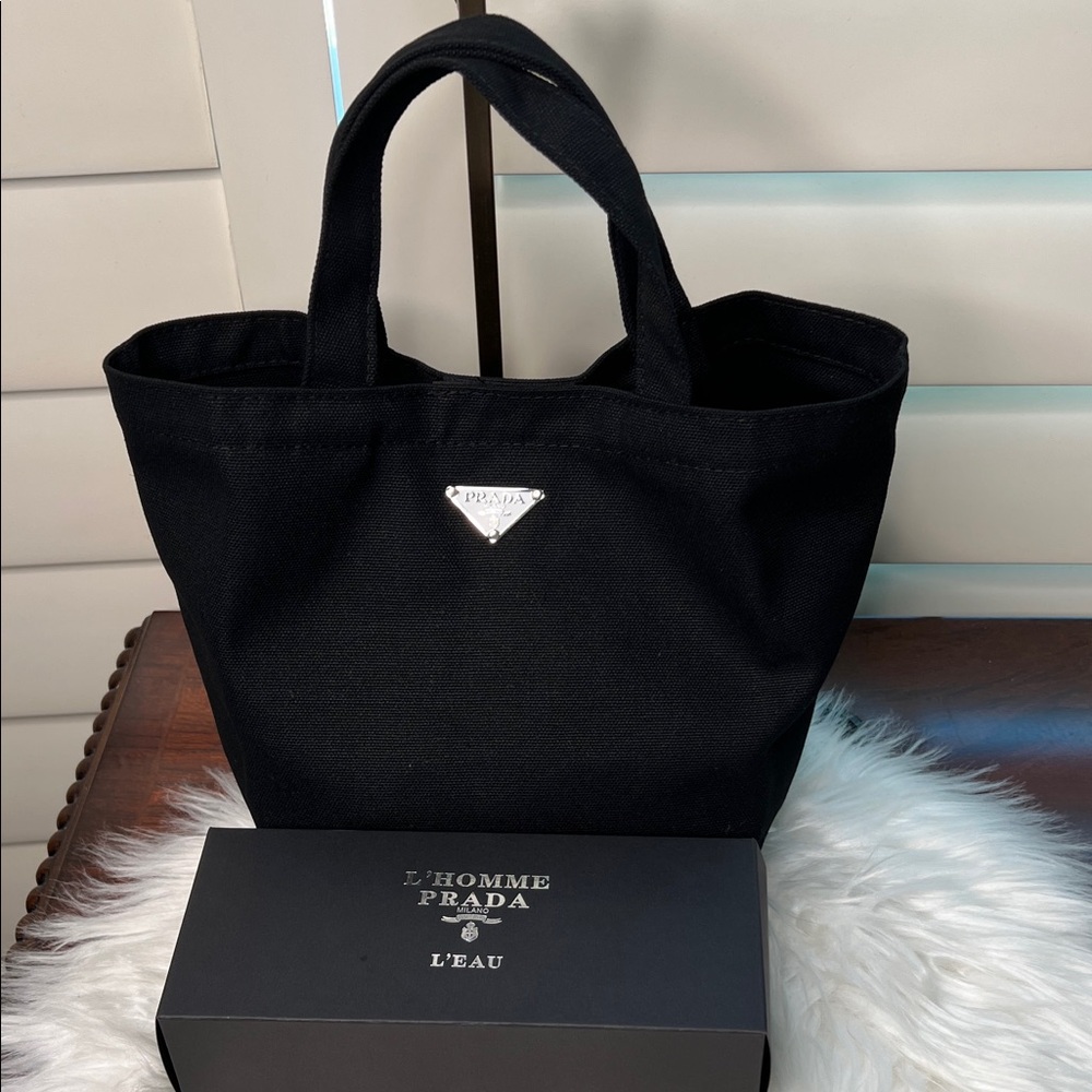 PRADA Beauty L'HOMME Milano L'EAU Black Mini Tote Canvas Bag Box PRADA Logo NWOT - Picture 14 of 17